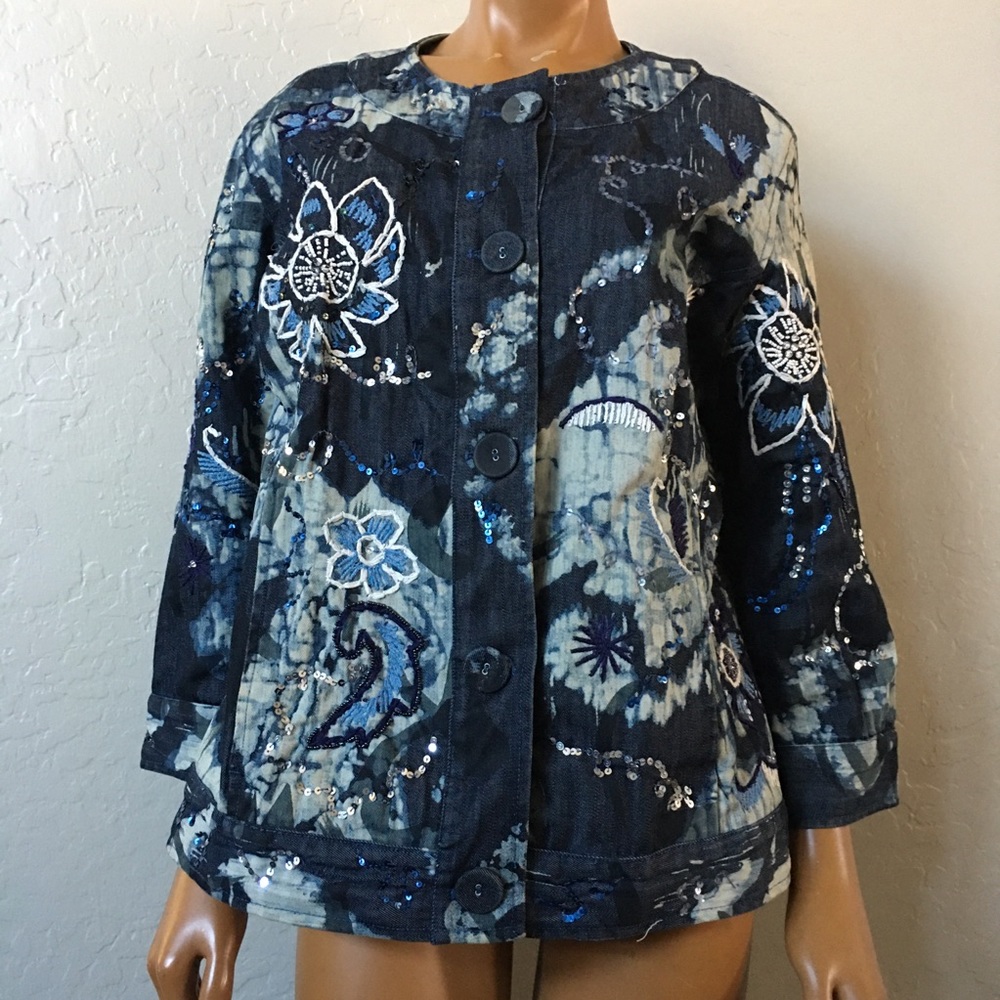 Chicos embroidered sequin jean jacket size 2